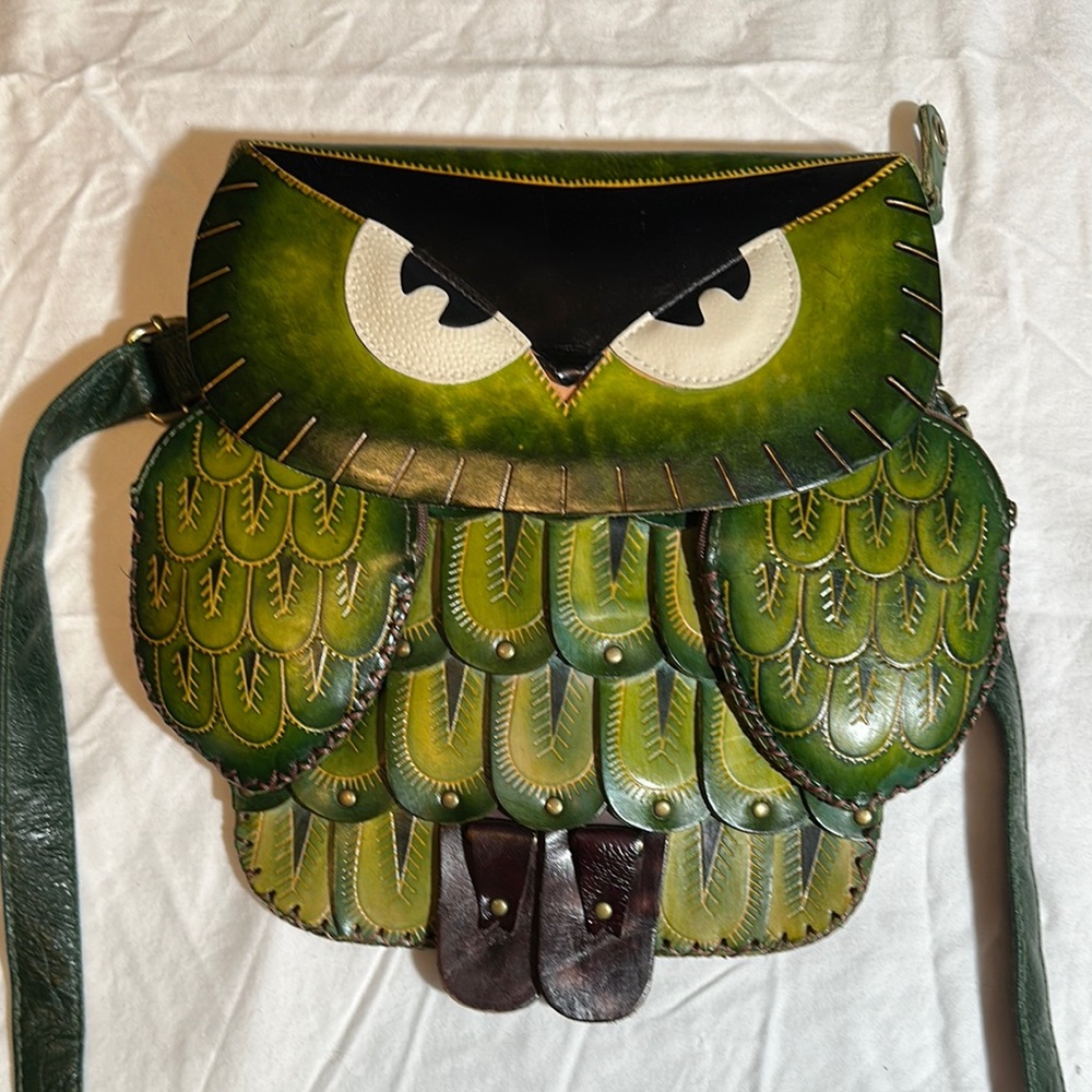 Green Owl Design Leather Bag